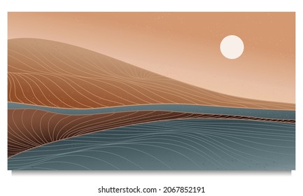 Mountain and ocean background with line art wave pattern. Abstract contemporary aesthetic backgrounds landscapes. vector illustrations