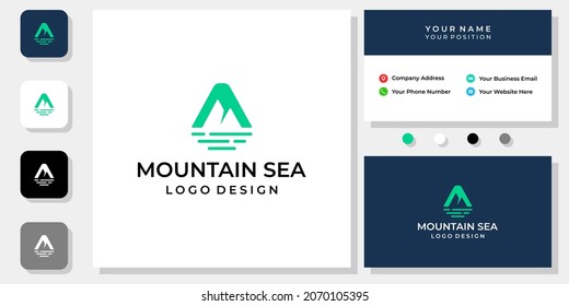 Mountain Ocean Logo Design With Business Card Template.