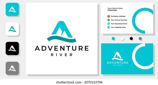 Mountain Ocean Logo Design With Business Card Template.