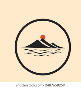 Logotipo del océano de la montaña con diseño minimalista del atardecer