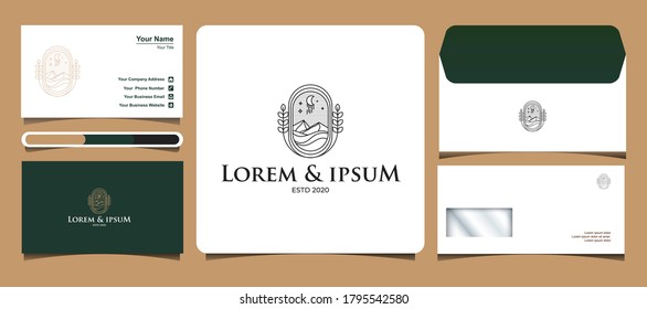 Mountain and ocean logo templates with the concept of line art, equipped with business card designs and letter envelopes