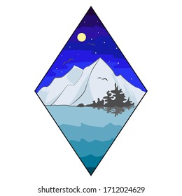 Mountain and ocean on the background night sky and stars. Vector