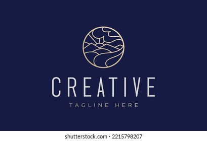Mountain and Ocean Scenery Line Logo Design Template