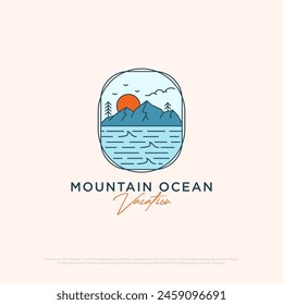 Diseño de logotipo de vacaciones de Mountain Ocean Vector simple ilustración minimalista Plantilla, diseños de logotipo de agencia de viajes