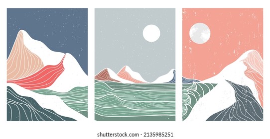 Mountain and ocean wave line art print. wallpaper design for cover background. Abstract contemporary aesthetic backgrounds landscapes. vector illustrations