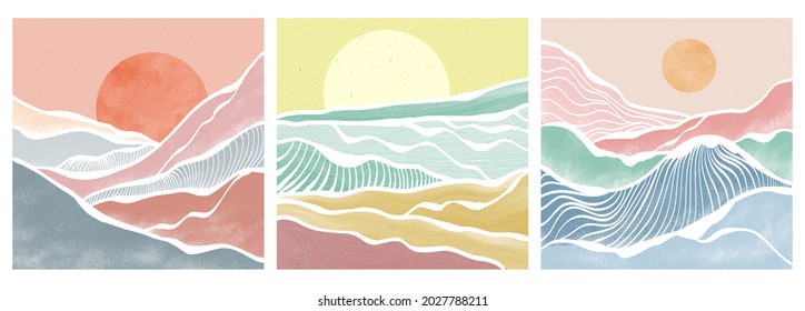 Mountain And Ocean Wave On Set. Abstract Contemporary Aesthetic Backgrounds Landscapes. Vector Illustrations