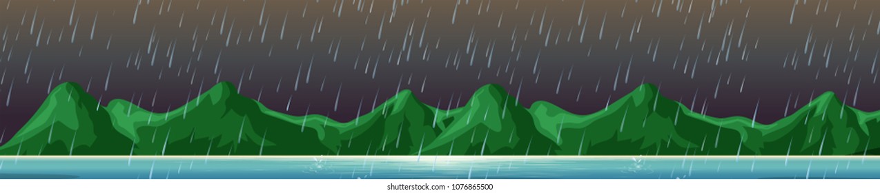 Mountain on the Island Raining Scene illustration