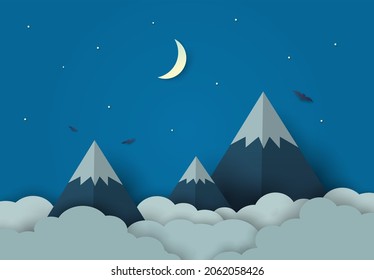 Mountain on night, paper art background landscape