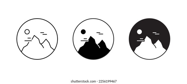 Montaña en un pico, cima del vector de icono de montaña, Monte, Escalada, conquistada, muy arriba, alta en, Icono de caminata ilustración del logo, trazo editable, estilo de diseño plano aislado en blanco