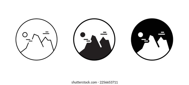 Montaña en un pico, cima del vector de icono de montaña, Monte, Escalada, conquistada, muy arriba, alta en, Icono de caminata ilustración del logo, trazo editable, estilo de diseño plano aislado en blanco