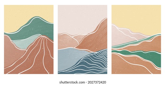 Mountain on set. Mid century modern minimalist art print. Abstract contemporary aesthetic backgrounds landscape. vector illustrations