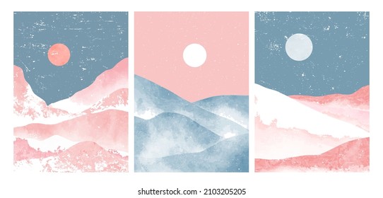 Mountain on set. Mid century modern minimalist art print. Abstract contemporary aesthetic backgrounds landscapes. vector illustrations