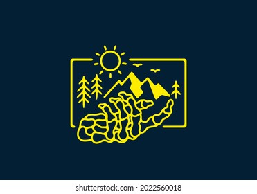 Mountain on skeleton hand line art illustration design