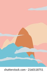 Mountain on sunrise on sunset sky and clouds. Minimal Landscape vector background. Abstract pastel nature