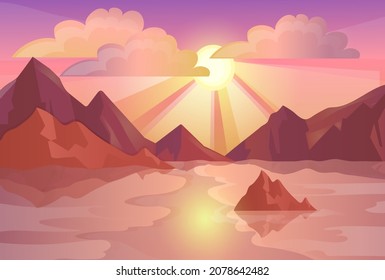 Mountain on sunset. Beautiful landscape, nature, hills. Relief, outdoor, adventure travel tourism. Ecology evening stylish phone wallpaper. Foreground sun. Cartoon flat vector illustration