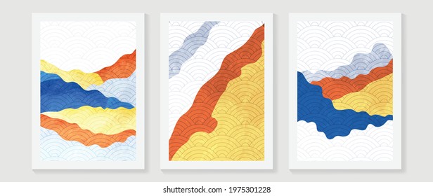 Mountain oriental style background vector. Chinese and Japanese oriental line art mountain and sun with  watercolor texture. Natural abstract art. Home deco, wall arts for prints and cover template.