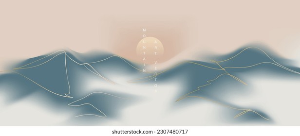 Mountain in oriental style background vector. Chinese landscape with gradient mesh, gold line art, hills, sun, watercolor texture. Luxury art wallpaper design for print, wall art, cover and interior.