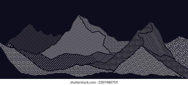Mountain in oriental style background vector. Chinese landscape with dot pattern, hills, line art, Japanese pattern. Minimal art on dark blue wallpaper design for print, wall art, cover and interior.