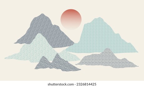 Berg auf orientalischem Hintergrund, Vektorgrafik. Chinesische Landschaft mit Punktmuster, Hügeln, Sonne, Linienkunst, japanischem Muster. Minimale Gebirge Kunst Tapete Design für Druck, Wand-Kunst, Deckel und Inneneinrichtung.
