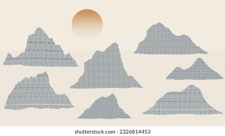 Montaña en un vector de fondo de estilo oriental. Paisaje chino con patrón de puntos, colinas, sol, arte en línea, patrón japonés. Diseño minimalista de tapices de arte montañoso para la impresión, el arte mural, la cubierta y el interior.