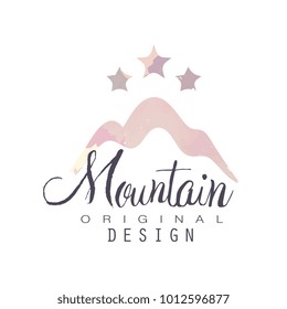 Mountain original design logo with stars, tourism, hiking and outdoor adventures emblem, retro wilderness badge vector Illustration