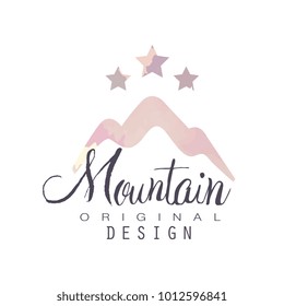 Mountain original design logo template with stars, tourism, hiking and outdoor adventures emblem, retro wilderness badge vector Illustration