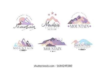Mountain Original Logo Design Templates Collection, Outdoor Adventures Retro Watercolor Labels Vector Illustration
