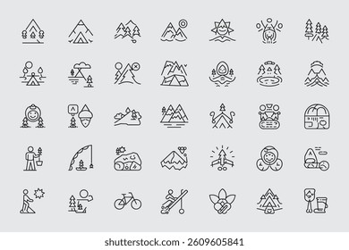 Mountain And Outdoor Activity Icons Set In Minimal Line Style Design