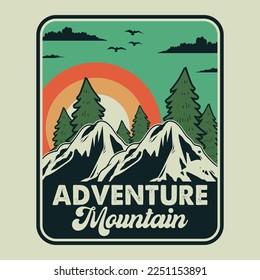 Mountain, Outdoor, Adventure Emblem Patch Logo Poster Label Vector Illustration Retro Vintage Badge Sticker, And T-shirt Design