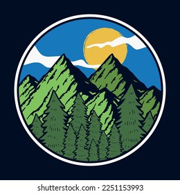 Montaña, Al Aire Libre, Parche De Aventura Parche De Afiche Etiqueta Vector Ilustración Pegatina De Insignia Retro Vintage Y Diseño De Camisetas