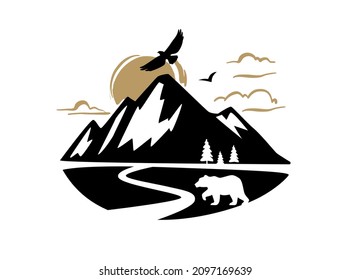 Mountain outdoor adventure landscape with bear vector.