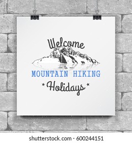 Mountain and Outdoor Adventures. Mountain Hiking. Detailed elements. Mock up style. Typographic labels, stickers, logos and badges. Flat vector illustration