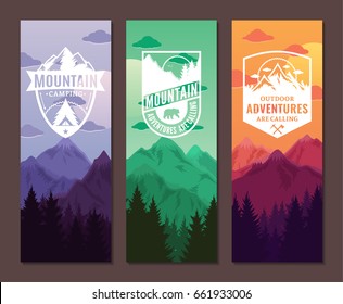 Mountain and outdoor adventures vertical banner set.