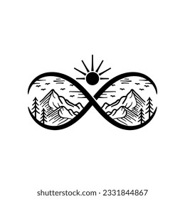 Mountain outdoor infinity logo. Nature adventure vector vintage drawing illustration