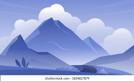 Ilustración vectorial del paisaje de montaña al aire libre. Caricatura montañosa plana azul tranquilo paisaje panorámico con montañas rocas en el horizonte, carreteras y nubes, naturaleza salvaje tranquila simple paisaje de fondo