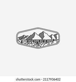 Mountain Outdoor logo badge outline line art monoline design vector illustration