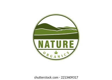 Mountain outdoor logo design hill valley illustration camp adventure emblem badge rounded shape green organic cannabis leaf