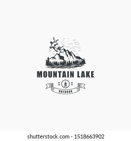 Mountain outdoor with pines and flying ducks Vector graphic for logo, t shirt, and other uses