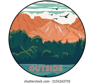 Mountain outdoor vector print design. Wild lake artwork design for posters, stickers, background and others. 