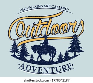 Mountain outdoors graphic t-shirt design. Carboy adventure at the mountain vector design.  