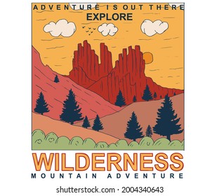 Mountain outdoors t shirt design. Wild travel graphics artwork. Forest print for fashion and others.