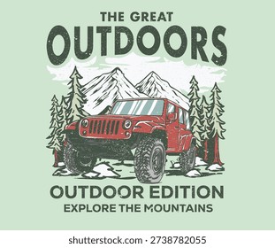 Mountain Outdoors t shirt vector design. Road trip by car. It's time for adventure. Offroad outdoors artwork. Mountain artwork for apparel, sticker, background, poster and others.