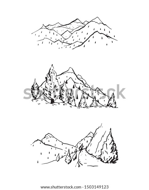 山の輪郭図面のベクター画像セットのイラスト 簡単な岩だらけの丘の手描きの画像 観光地の地図の装飾 フォレスト横のパノラマビューコレクション 別の自然の休暇公園 のベクター画像素材 ロイヤリティフリー