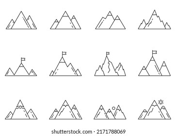 Iconos de contorno de montaña establecidos en fondo blanco.