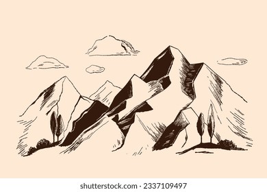 mountain outline illustration. Black and white mountain line arts wallpaper. landscape background design. Vector illustration. Hand drawn mountains sketch. mountain ranges. mountain vector.