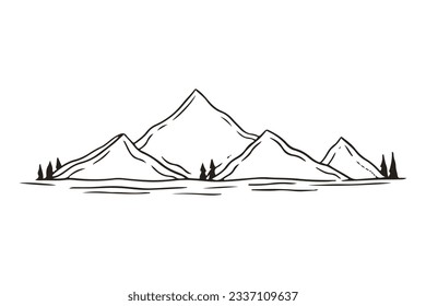 mountain outline illustration. Black and white mountain line arts wallpaper. landscape background design. Vector illustration. Hand drawn mountains sketch. mountain ranges. mountain vector.