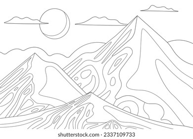 mountain outline illustration. Black and white mountain line arts wallpaper. landscape background design. Vector illustration. Hand drawn mountains sketch. mountain ranges. mountain vector.