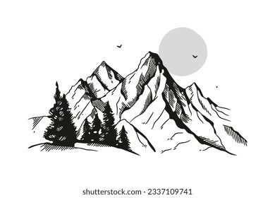 ilustración del contorno de montaña. Papel tapiz de las artes de las líneas de montaña en blanco y negro. diseño de fondo paisajístico. Ilustración vectorial. Esbozo de las montañas dibujadas a mano. cordilleras. vector de montaña.