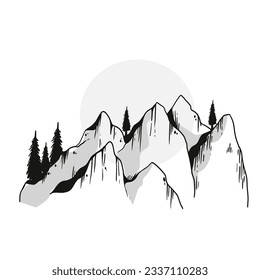 ilustración del contorno de montaña. Papel tapiz de las artes de las líneas de montaña en blanco y negro. diseño de fondo paisajístico. Ilustración vectorial. Esbozo de las montañas dibujadas a mano. cordilleras. vector de montaña.