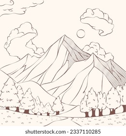 mountain outline illustration. Black and white mountain line arts wallpaper. landscape background design. Vector illustration. Hand drawn mountains sketch. mountain ranges. mountain vector.